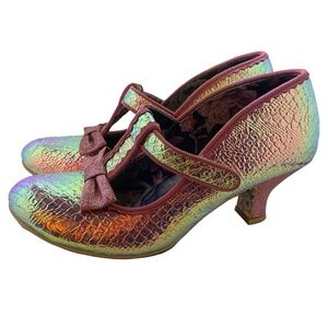 Irregular Choice Lazy River Mary Jane heels pink shimmer iridescent upper 39